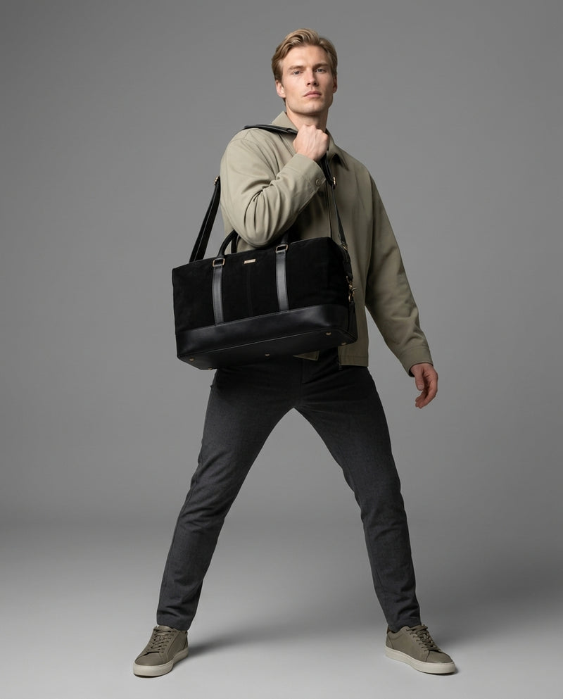 Personalized Hand Made Classic Weekender Duffle Bag Leather and Canvas - Black handles