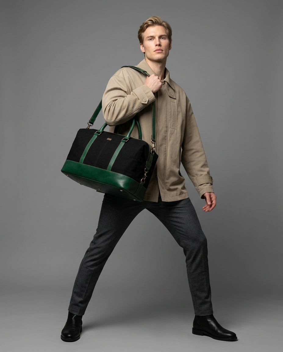 Personalized Hand Made Classic Weekender Duffle Bag Leather and Canvas - Green Handles