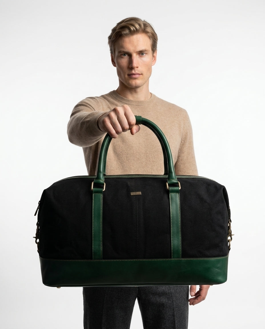 Personalized Hand Made Classic Weekender Duffle Bag Leather and Canvas - Green Handles
