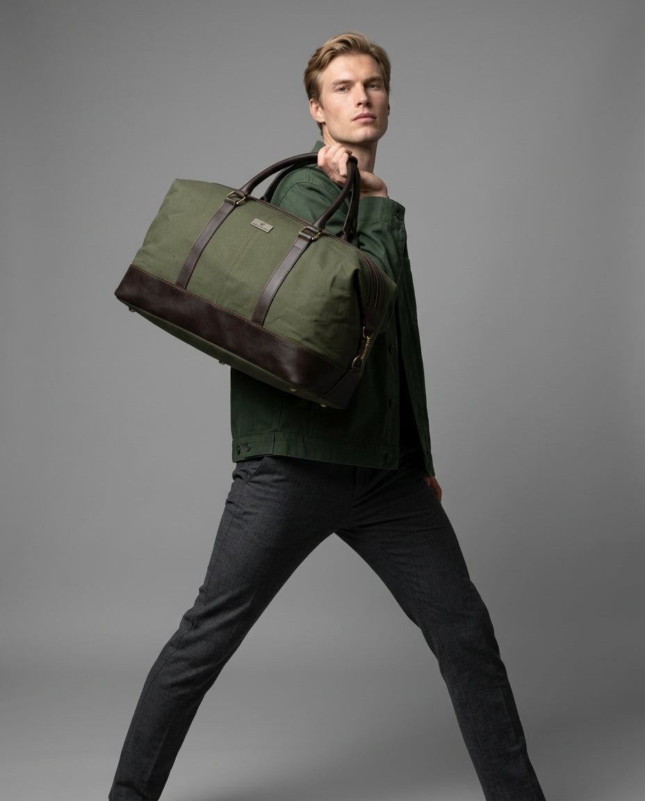 Personalized Hand Made Classic Weekender Duffle Bag Leather and Canvas - Brown Handles