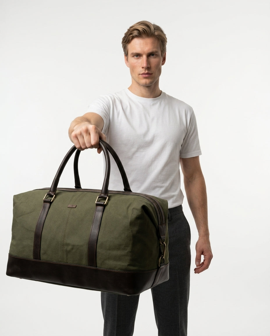 Personalized Hand Made Classic Weekender Duffle Bag Leather and Canvas - Brown Handles