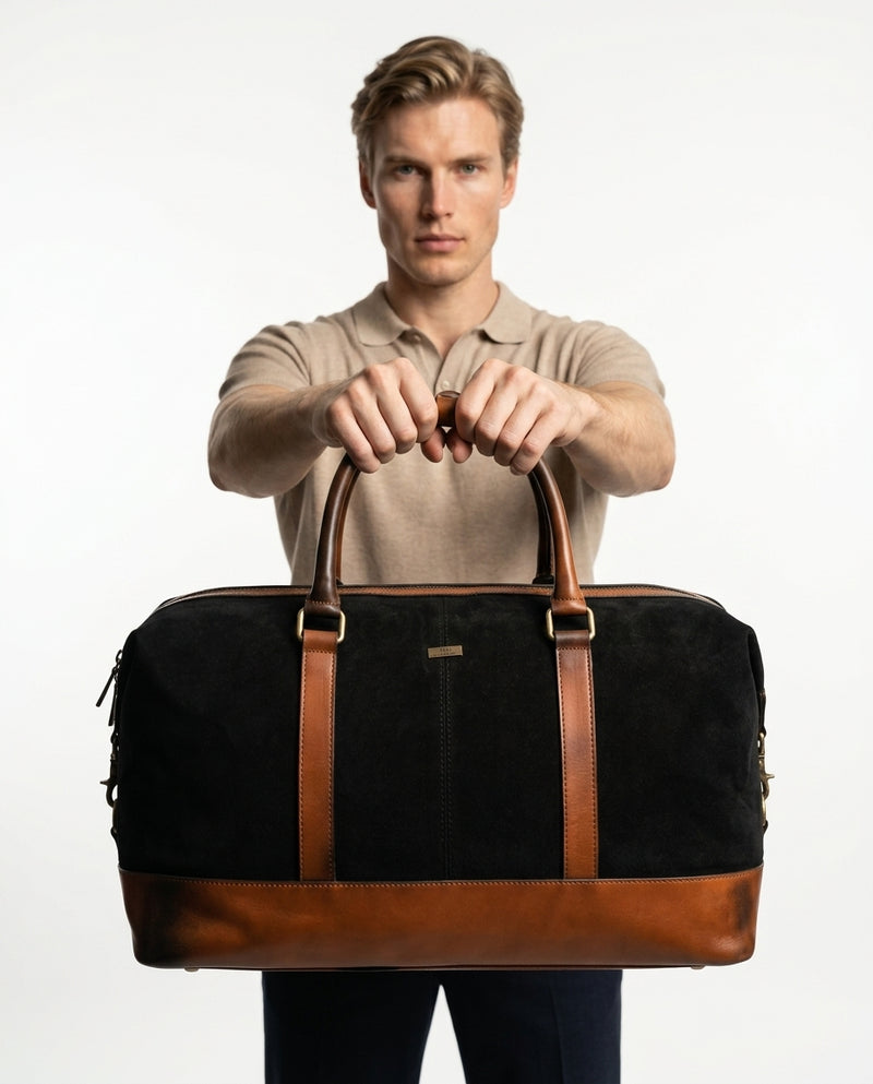 Personalized Hand Made Classic Weekender Duffle Bag Leather and Canvas - Black, Brown Handles