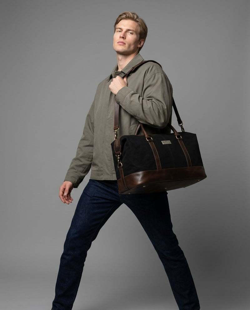 Personalized Hand Made Classic Weekender Duffle Bag Leather and Canvas - Choco Brown Handles