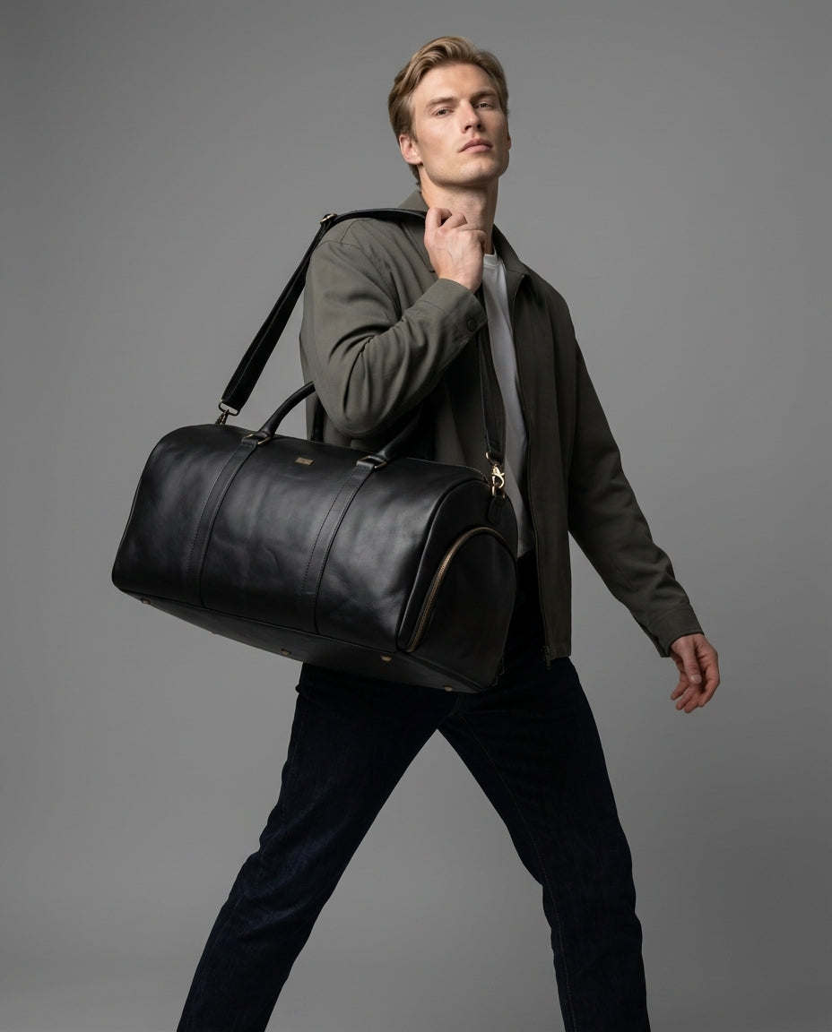 Personalized The Large Maverrick Hand Made Full Grain Leather Duffle Bag With Shoe Compartment - Black