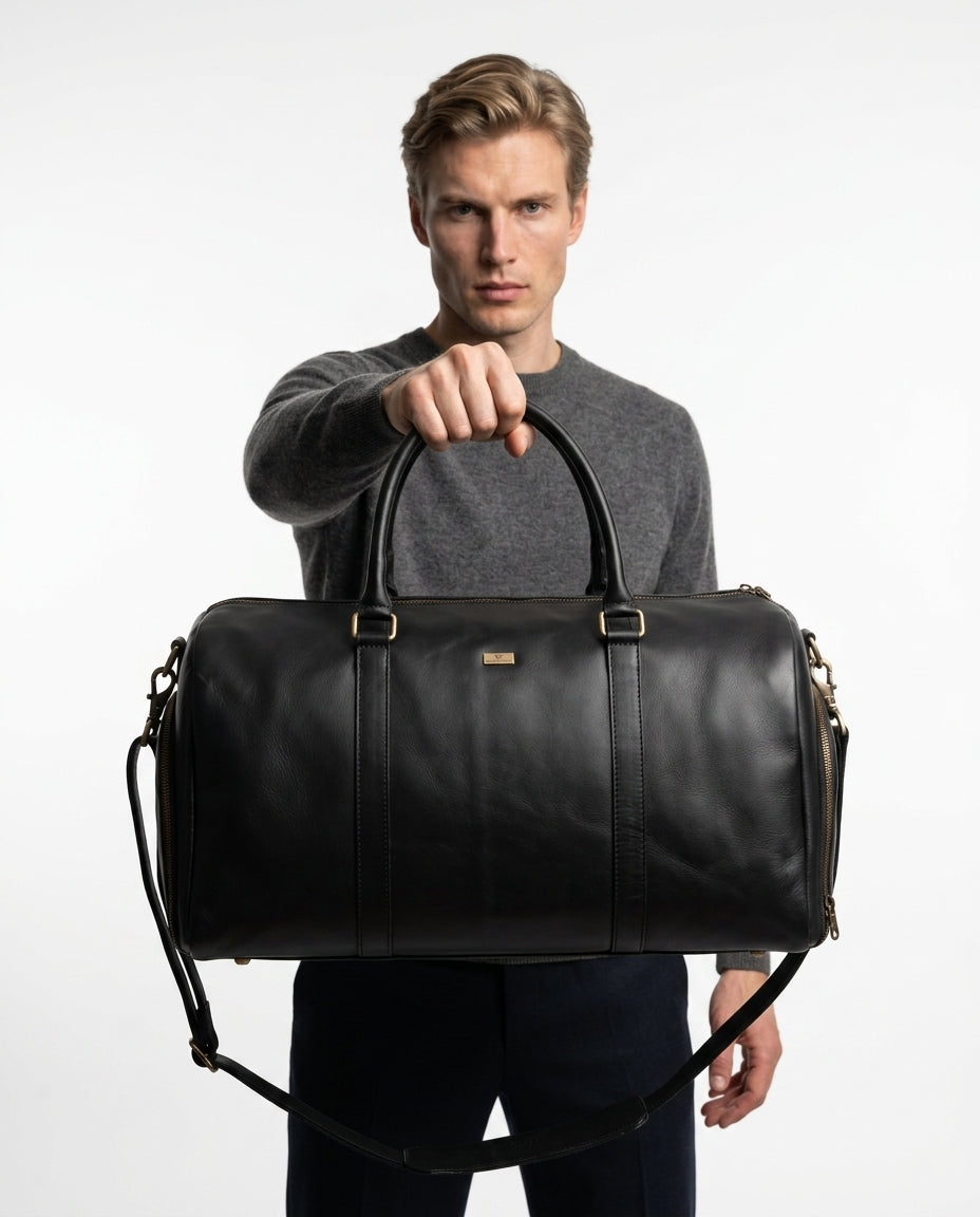 Personalized The Maverrick Hand Made Full Grain Leather Duffle Bag With Shoe Compartment - Black