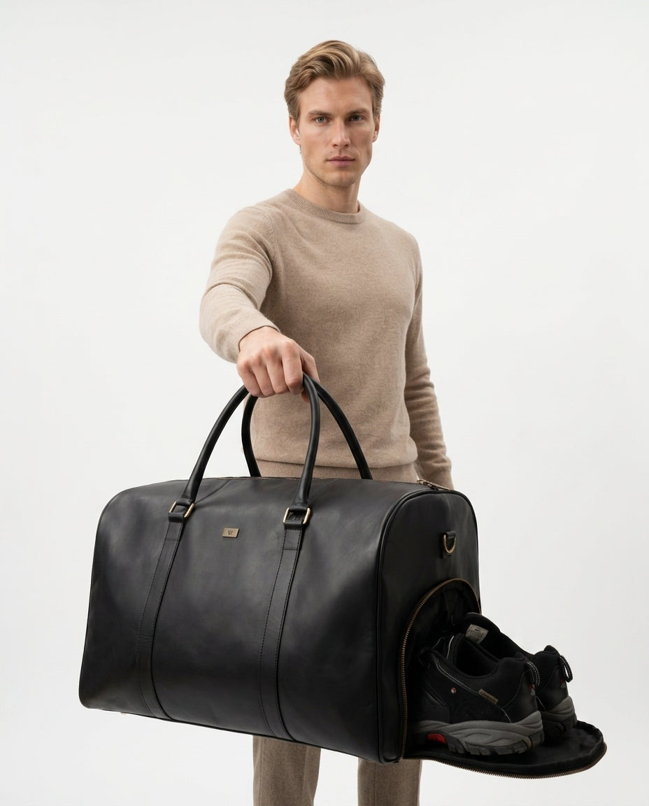 Personalized The Large Maverrick Hand Made Full Grain Leather Duffle Bag With Shoe Compartment - Black