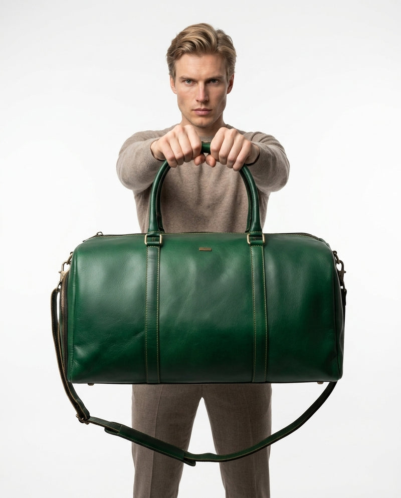 Personalized The Maverrick Hand Made Full Grain Leather Duffle Bag With Shoe Compartment - Green