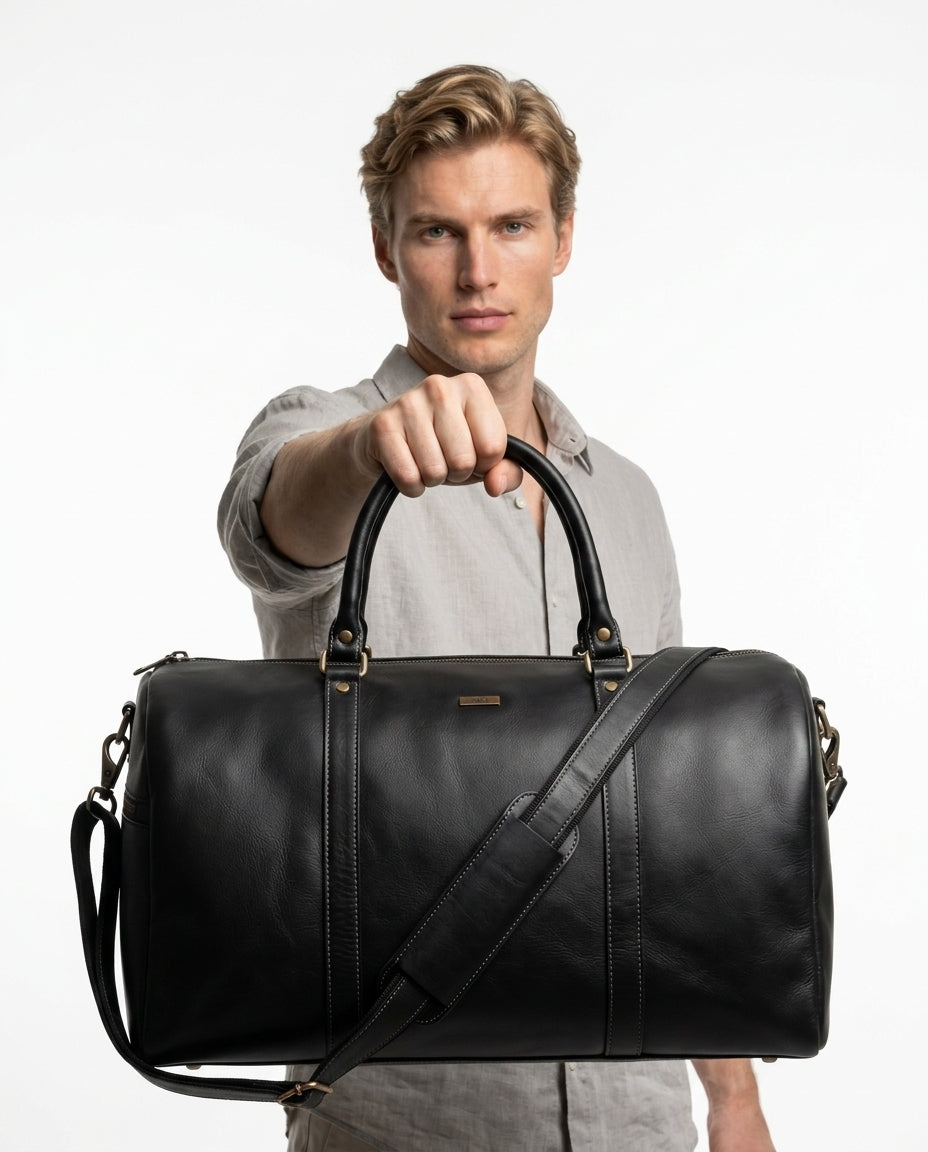 Personalized The Maverrick Hand Made Full Grain Leather Duffle Bag - Black