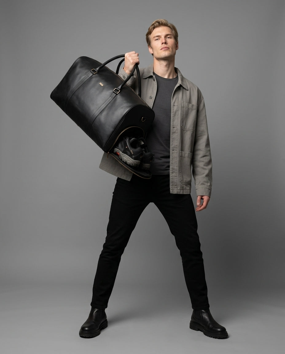 Personalized The Large Maverrick Hand Made Full Grain Leather Duffle Bag With Shoe Compartment - Black