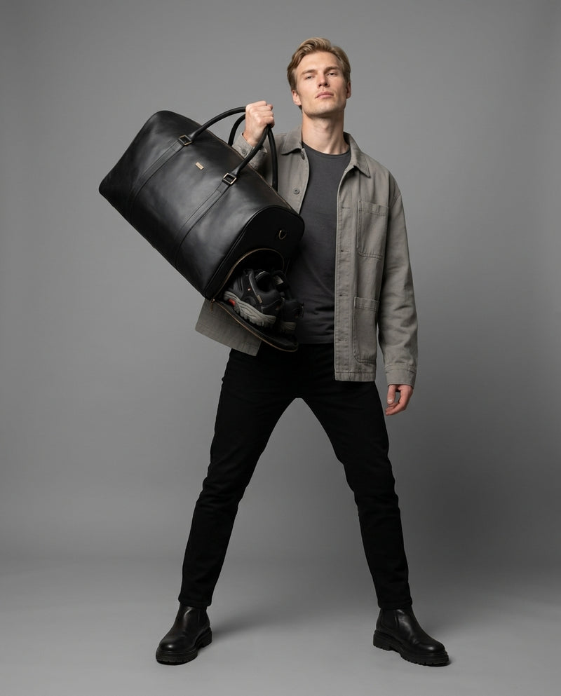 Personalized The Large Maverrick Hand Made Full Grain Leather Duffle Bag With Shoe Compartment - Black