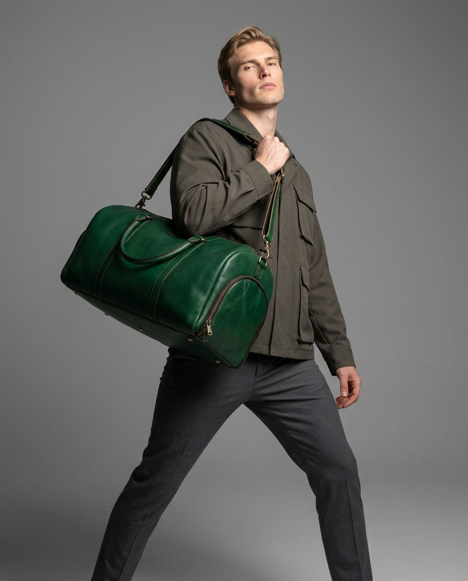 Personalized The Maverrick Hand Made Full Grain Leather Duffle Bag With Shoe Compartment - Green.