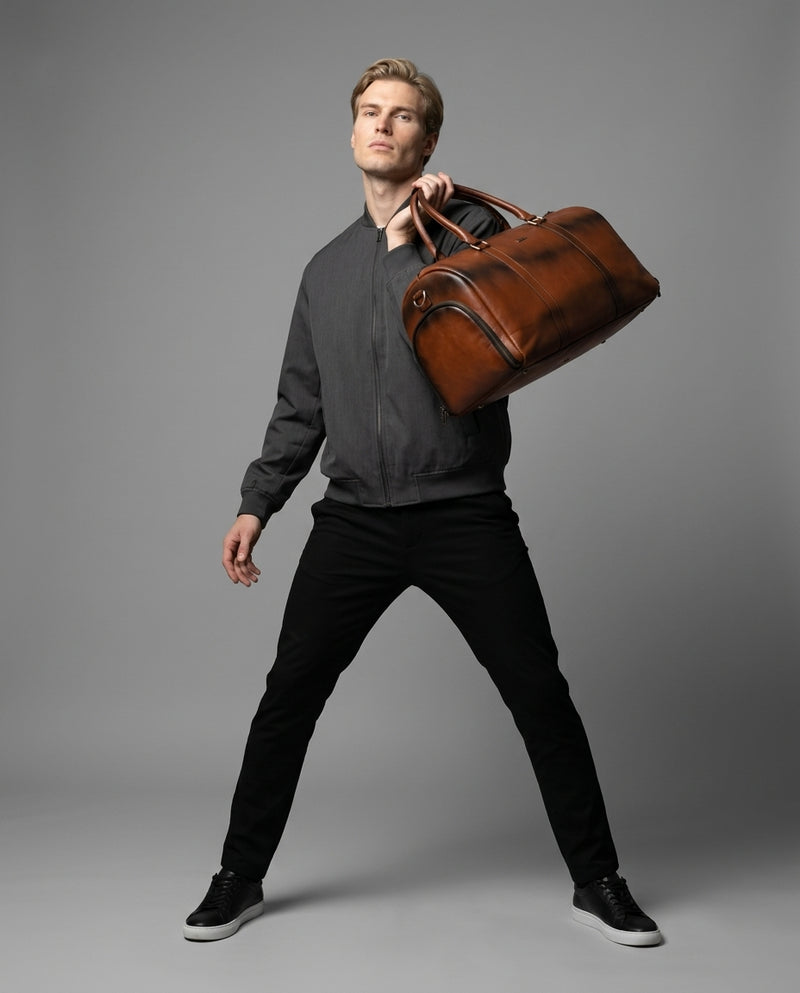 Personalized The Maverrick Hand Made Full Grain Leather Duffle Bag With Shoe Compartment - Distressed Brown