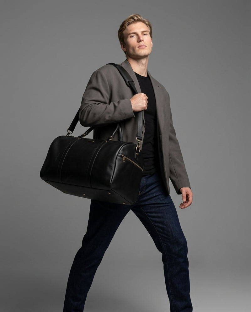 Personalized The Maverrick Hand Made Full Grain Leather Duffle Bag - Black