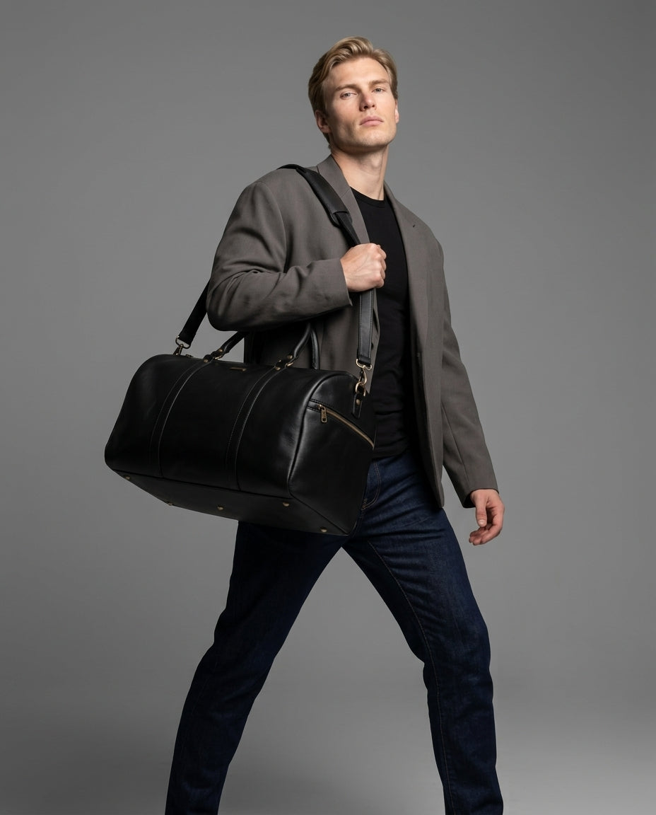 Personalized The Maverrick Hand Made Full Grain Leather Duffle Bag - Black