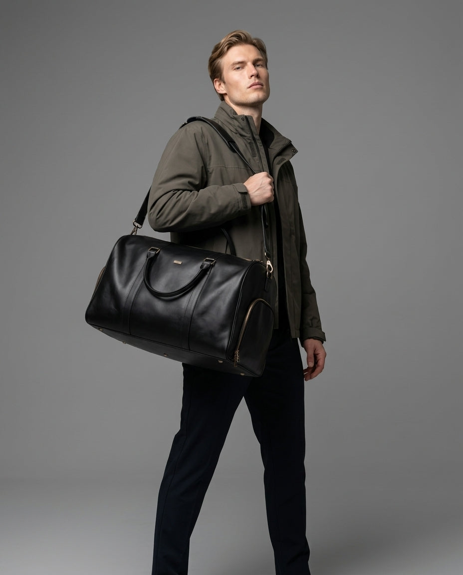 Personalized The Maverrick Hand Made Full Grain Leather Duffle Bag With Shoe Compartment - Black