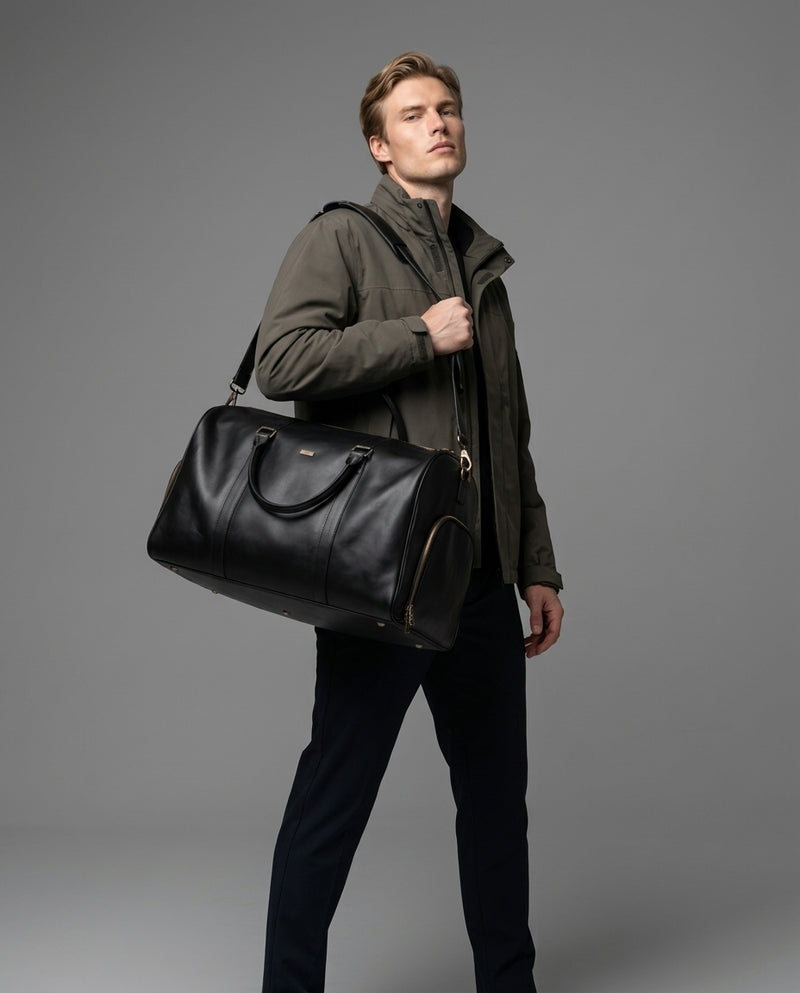 Personalized The Maverrick Hand Made Full Grain Leather Duffle Bag With Shoe Compartment - Black
