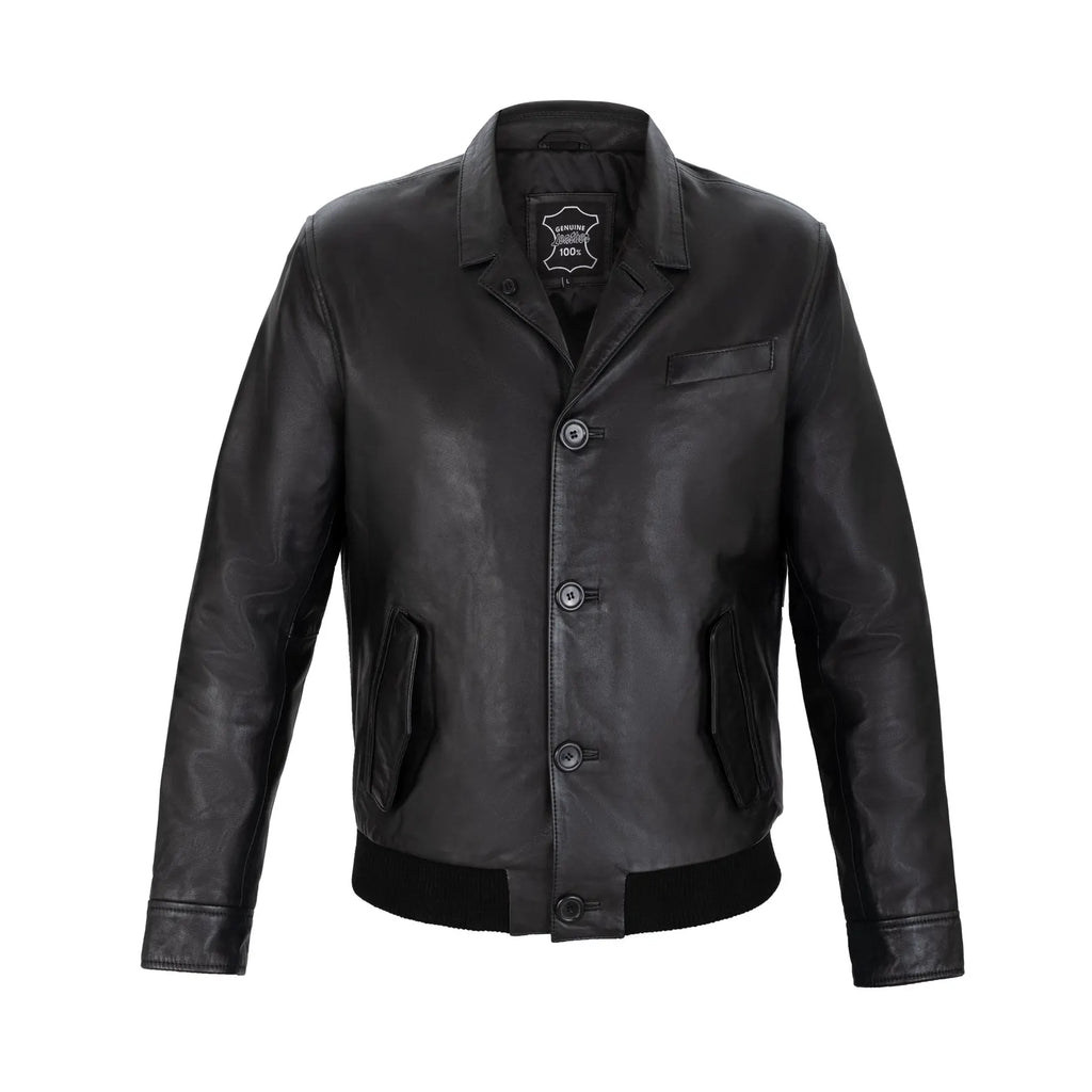 Cambridge Button Front Full Grain Black Sheepskin Mens Leather jacket