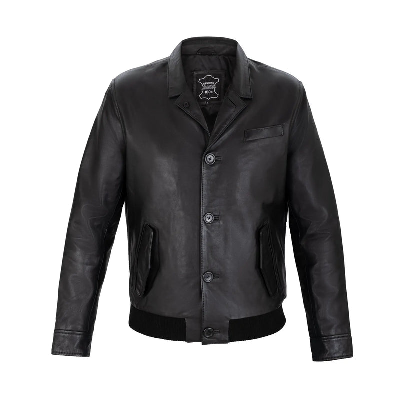 Cambridge Button Front Full Grain Black Sheepskin Mens Leather jacket