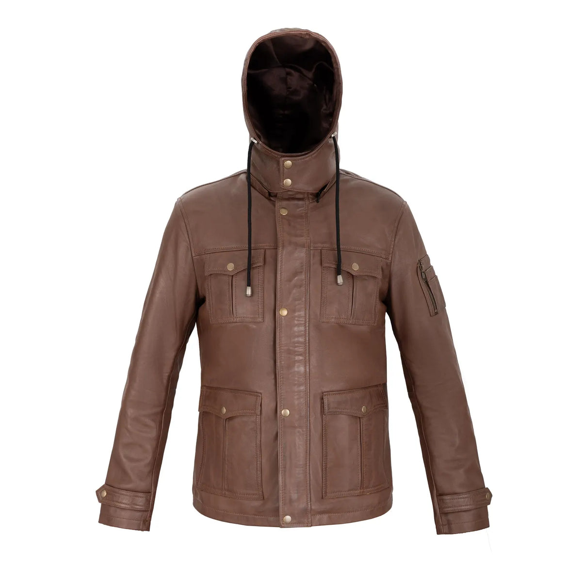 Normad Hooded Field Full Grain Brown Sheepskin Mens Leather Jacket with Detachable Hood