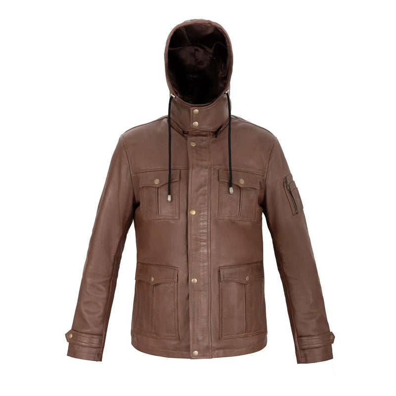 Normad Hooded Field Full Grain Brown Sheepskin Mens Leather Jacket with Detachable Hood