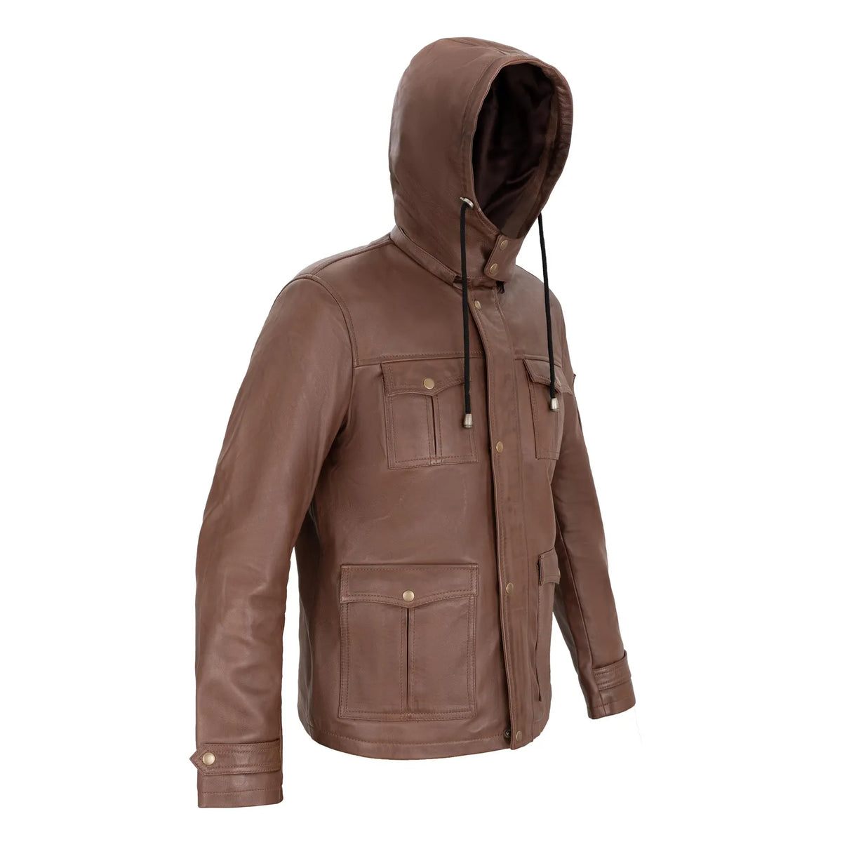 Normad Hooded Field Full Grain Brown Sheepskin Mens Leather Jacket with Detachable Hood