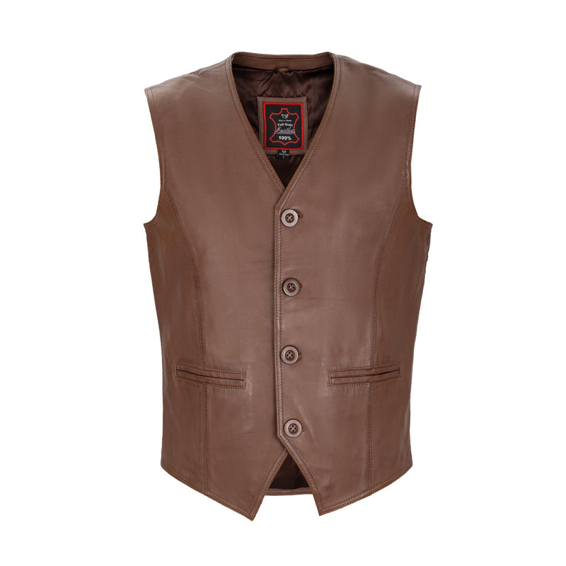 Lexington Button Front Full Grain Brown Sheepskin Mens Leather Waistcoat