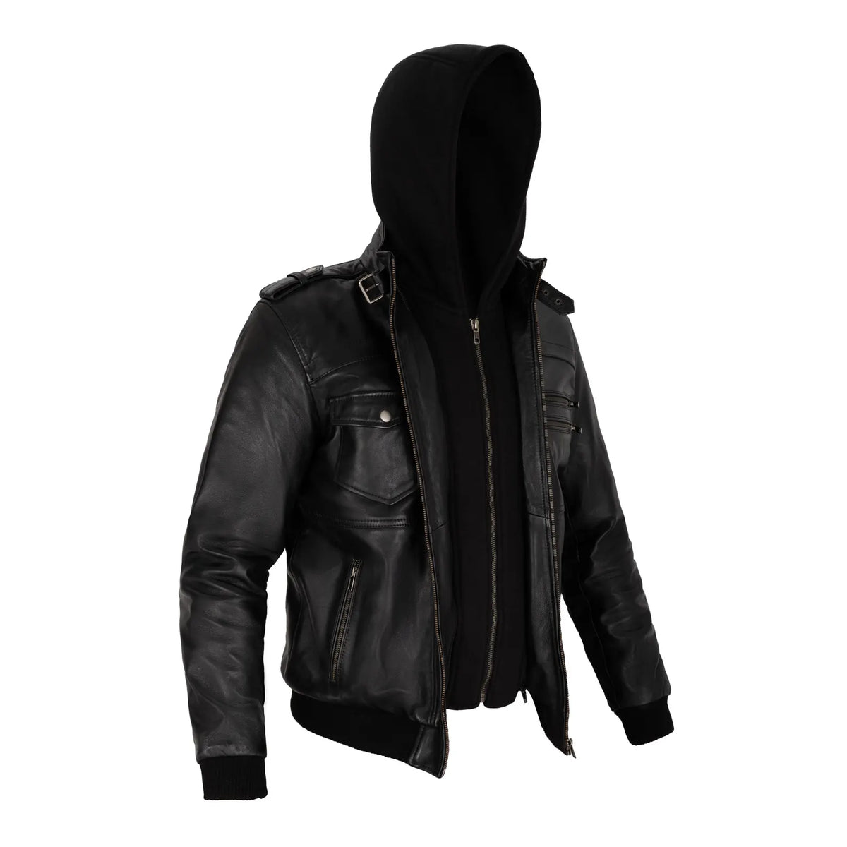 Rossi Full Grain Black Sheepskin Mens Leather jacket with Detachable Hood