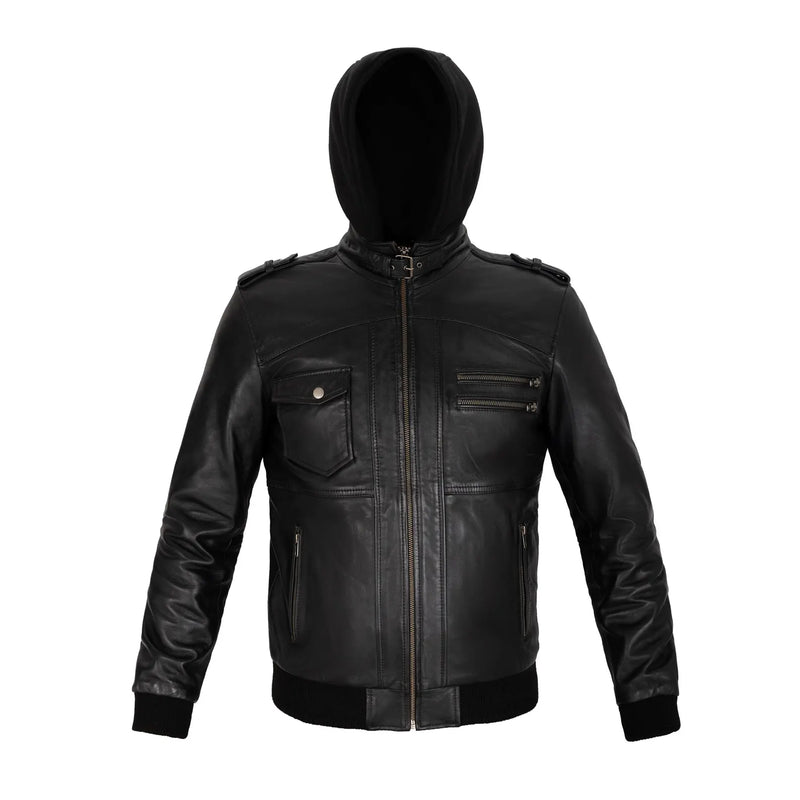 Rossi Full Grain Black Sheepskin Mens Leather jacket with Detachable Hood