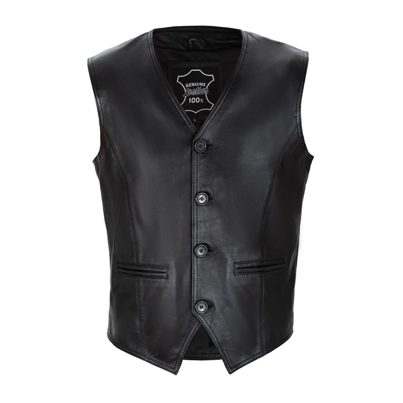 Lexington Button Front Full Grain Black Sheepskin Mens Leather Waistcoat