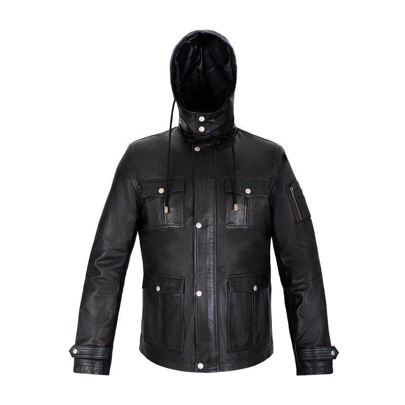 Normad Hooded Field Full Grain Black Sheepskin Mens Leather Jacket with Detachable Hood