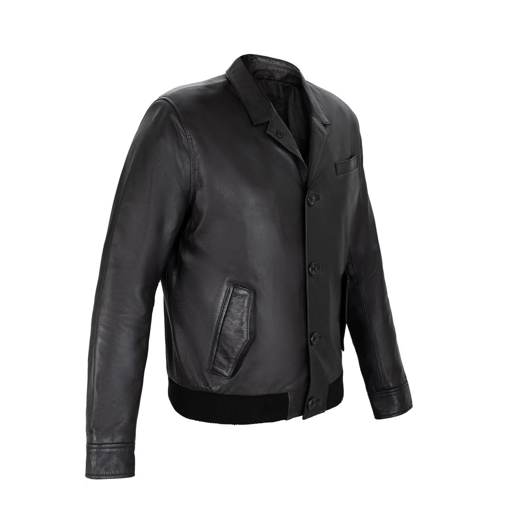 Cambridge Button Front Full Grain Black Sheepskin Mens Leather jacket