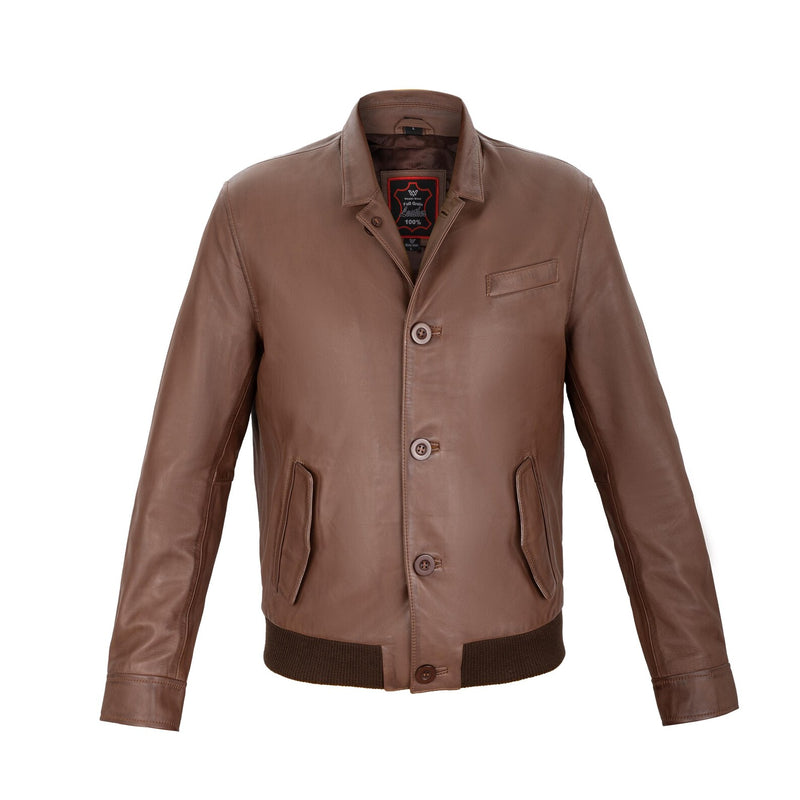 Cambridge Button Front Full Grain Brown Sheepskin Mens Leather jacket