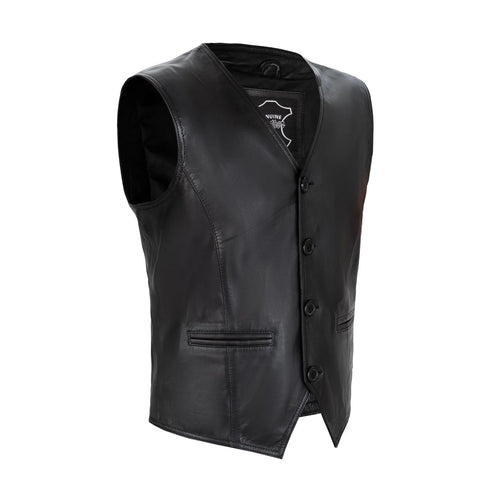 Lexington Button Front Full Grain Black Sheepskin Mens Leather Waistcoat