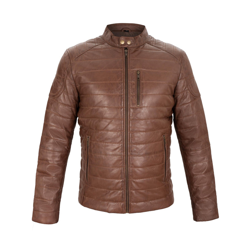 Monza Quilted Racer Full Grain Brown Sheepskin Mens Leather Quilted Jacket