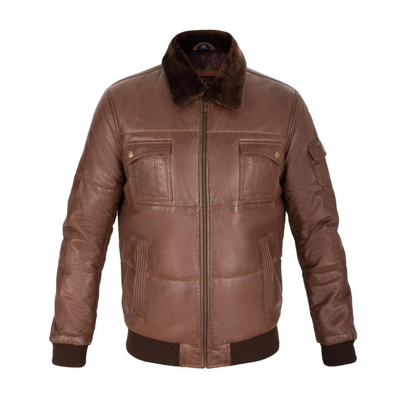 Aspen Quilted Aviator Full Grain Brown Sheepskin Mens Leather jacket
