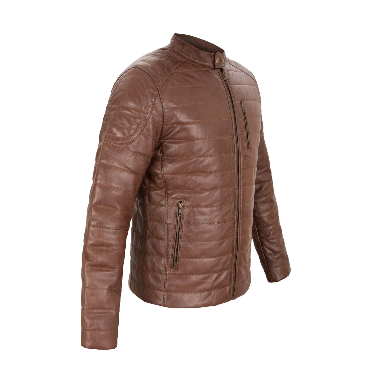Monza Quilted Racer Full Grain Brown Sheepskin Mens Leather Quilted Jacket