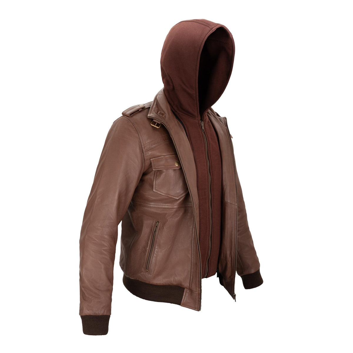 Rossi Full Grain Brown Sheepskin Mens Leather jacket with Detachable Hood