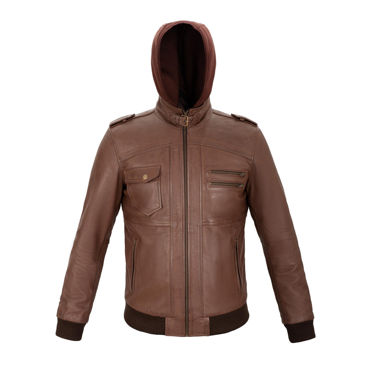 Rossi Full Grain Brown Sheepskin Mens Leather jacket with Detachable Hood