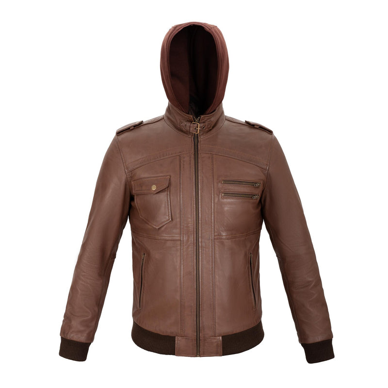 Rossi Full Grain Brown Sheepskin Mens Leather jacket with Detachable Hood