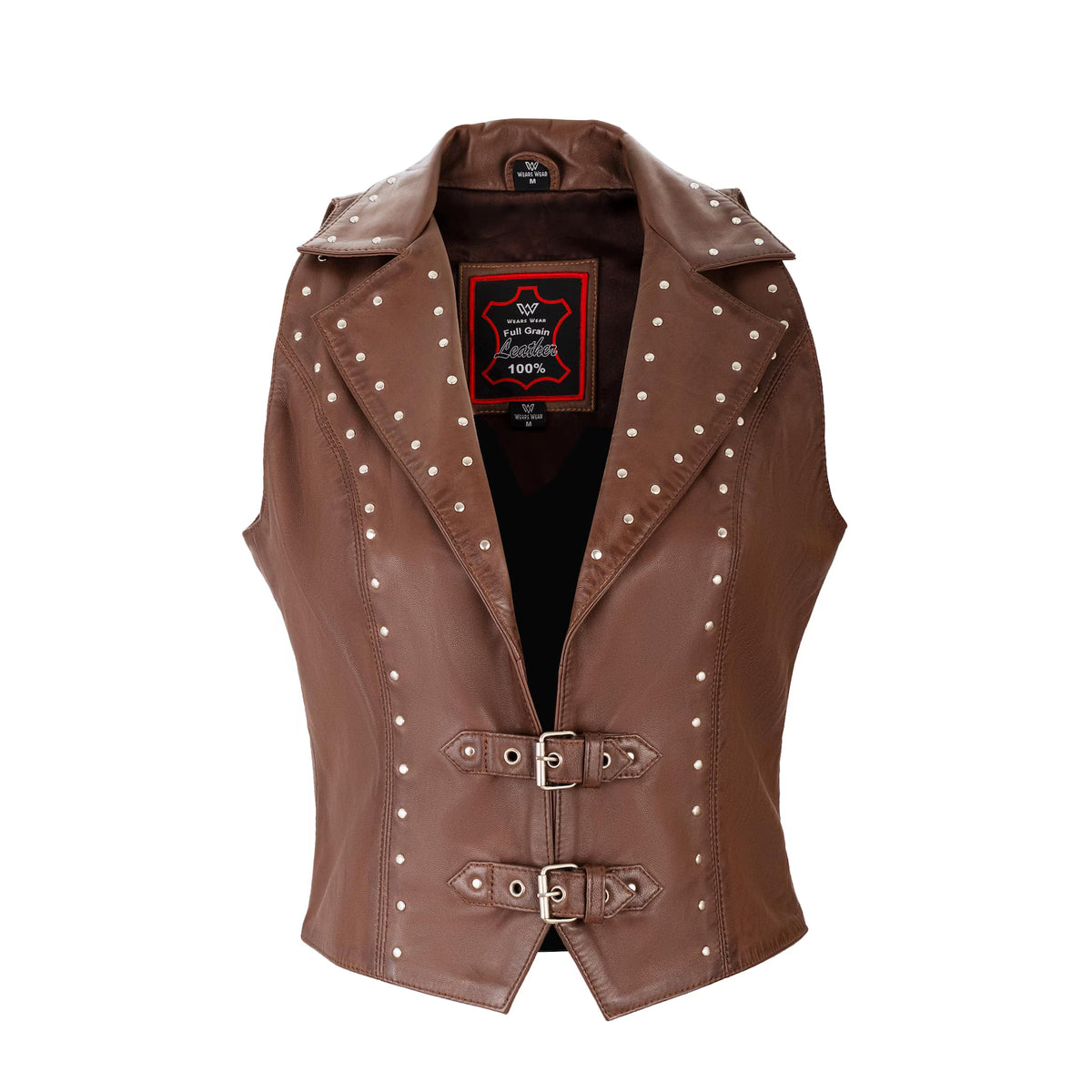 Women's Top Grain Leather Vest Dual Buckle Western Biker Waistcoat - Brown