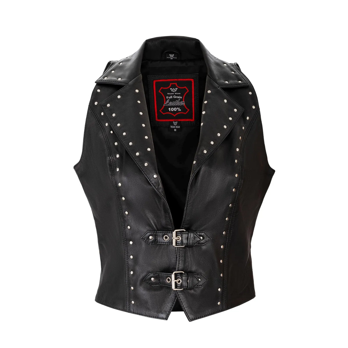 Women's Top Grain Leather Vest Dual Buckle Western Biker Waistcoat