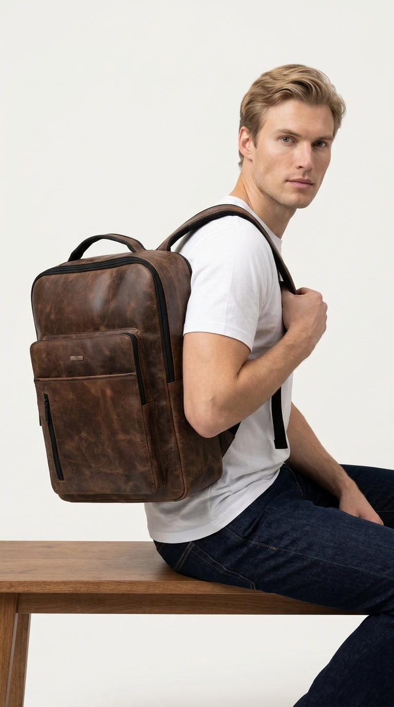 The Craftsman Pro Top Grain Crazy Horse Cowhide Leather Backpack.